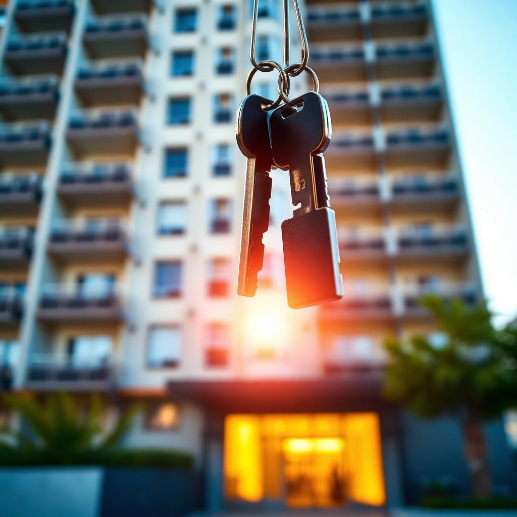 Chaves de imÃ³vel em primeiro plano com edifÃ­cio residencial ao fundo em fim de tarde