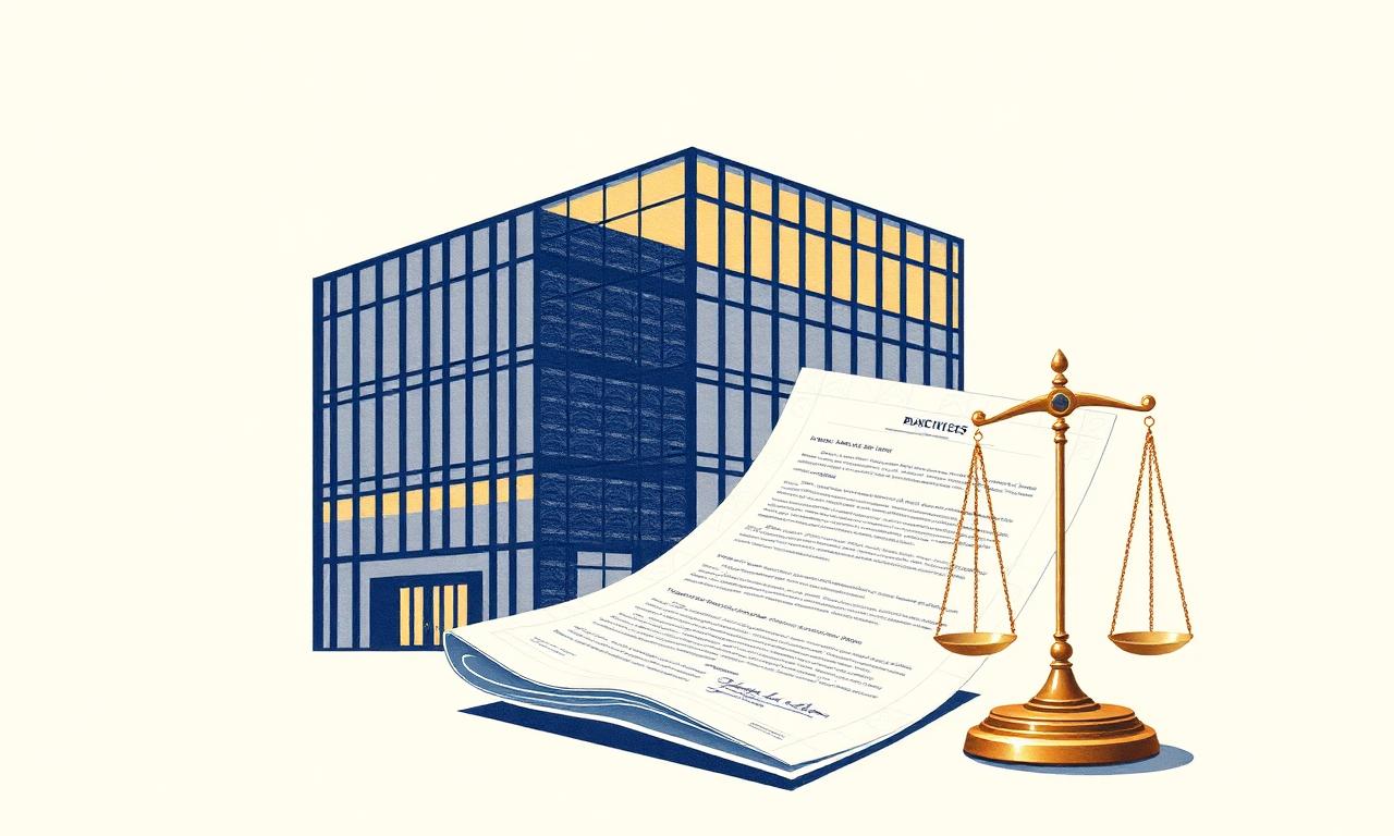 Ilustração de um edifício empresarial moderno ao lado de um documento jurídico e uma balança da justiça
