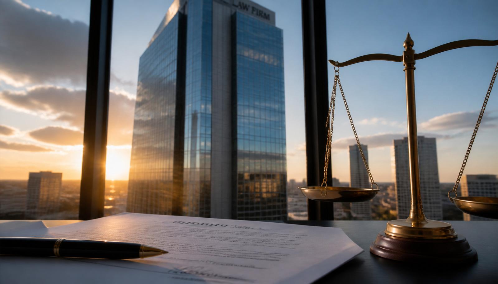 Ilustração de um edifÃcio empresarial moderno ao lado de um documento jurÃdico e uma balança da justiça