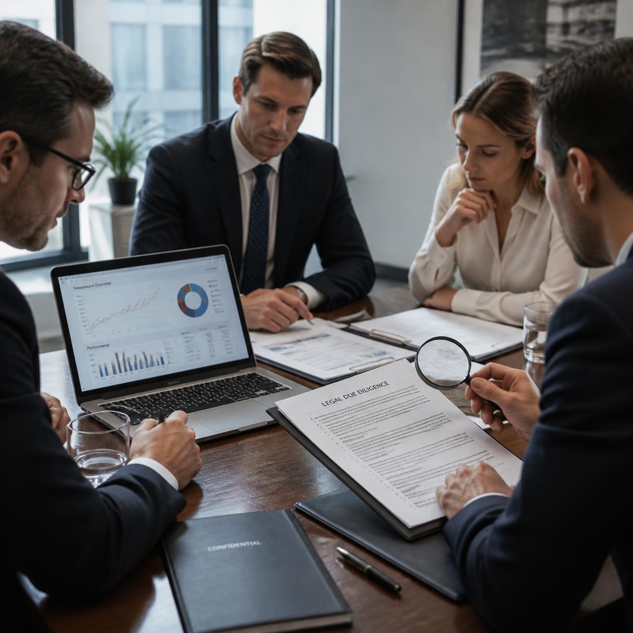 Investidores analisando documentos de due diligence em sala de reuniÃ£o